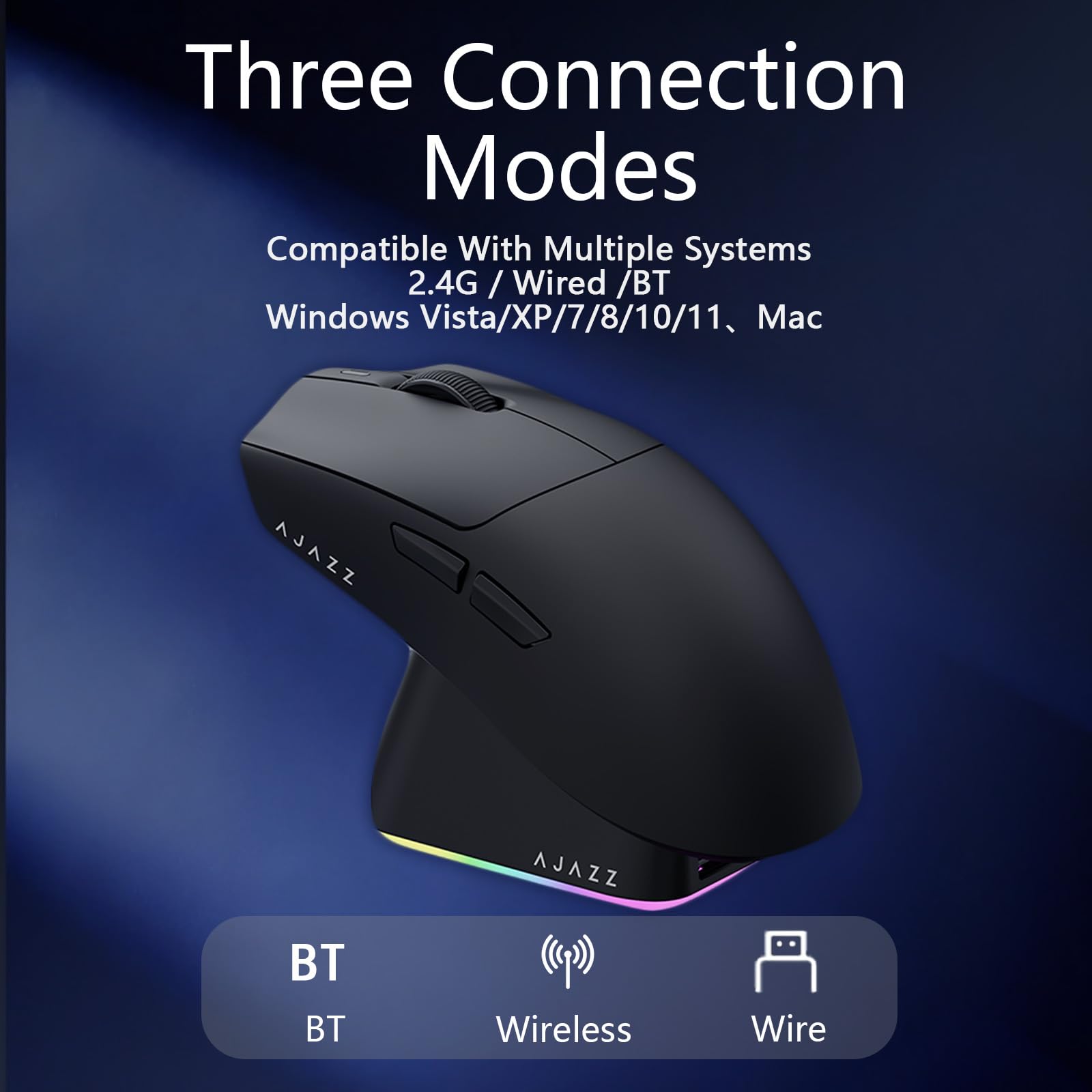 AJAZZ AJ139P V3 Mc Wireless Gaming Mouse, PAW3311 Sensor, 24K DPI, 2.4G/USB-C/BT, 800mAh Battery, Ultra-Light 69g, RGB Magnetic Charging Base, 80 Million Clicks Life, Compatible con PC y Mac, Negro - 3