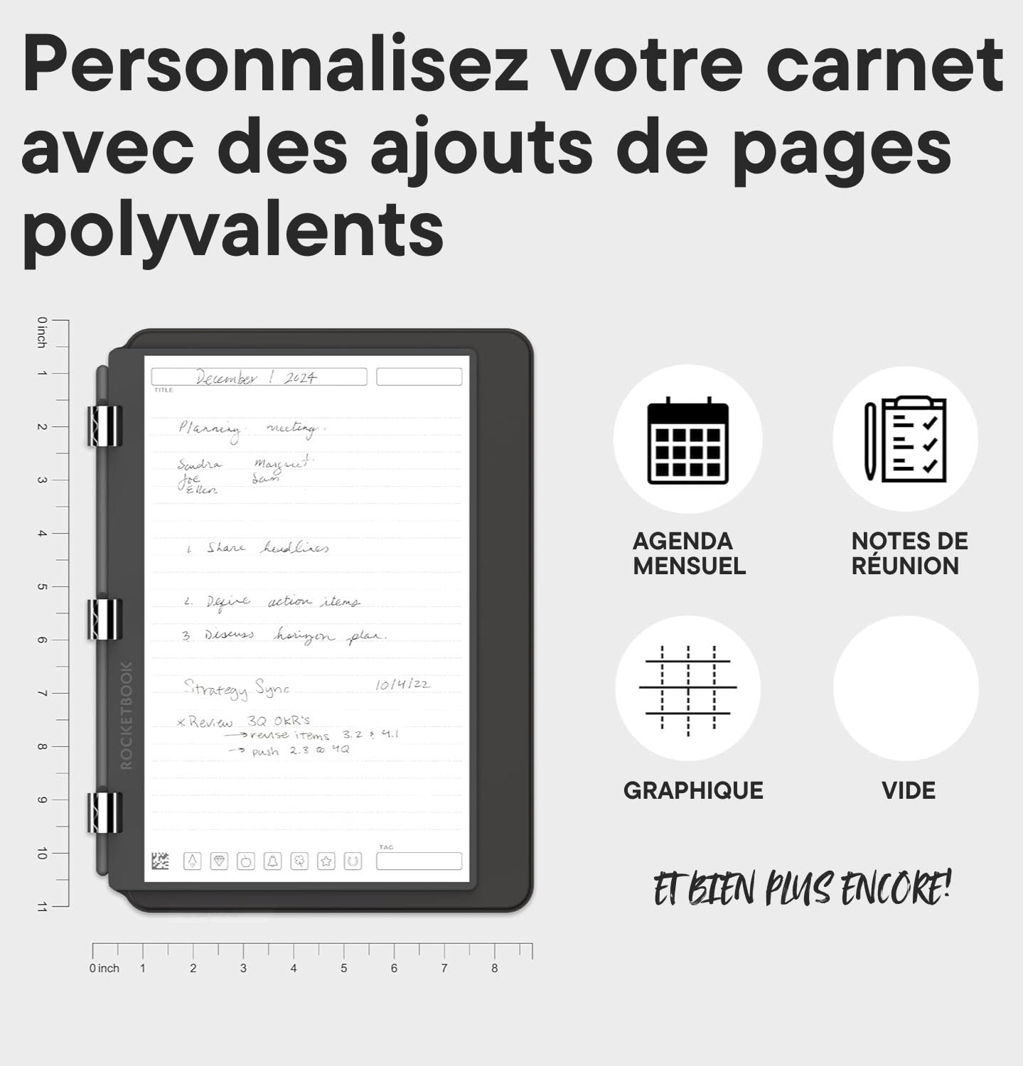 Rocketbook Carnet de notes numérique réutilisable – Carnet intelligent A5 noir, 20 pages, reliure à spirales, papier pointillé et ligné, couverture en cuir vegan avec stylo effaçable Frixion