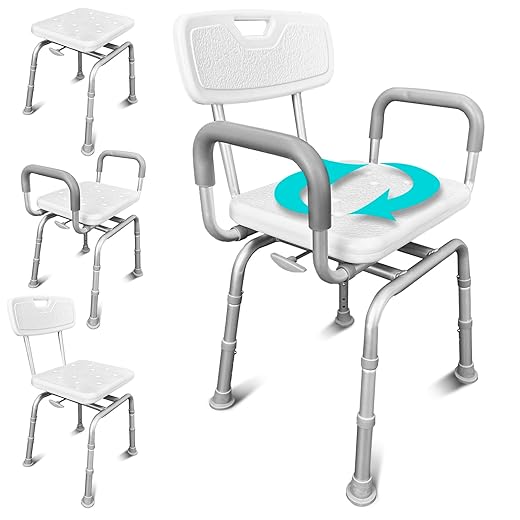 Vive Swivel Shower Chair for Seniors, Elderly, Disabled - Narrow Handicap Tub Bench for Inside Shower - with Arms & Back, Height Adjustable - 360° Rotating Bathtub Seat for Easy Mobility