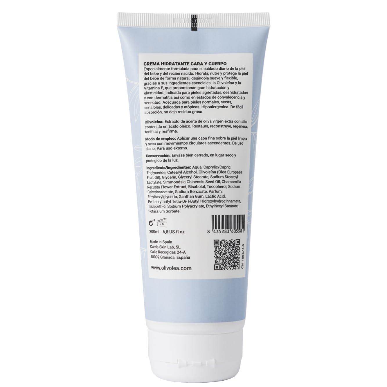 OLIVOLEA Crema Hidratante Bebé Cara y Cuerpo, para Piel Sensible y Atópica, Protege y Calma, Ingredientes Naturales, Ideal para Recién Nacidos, 200 ml