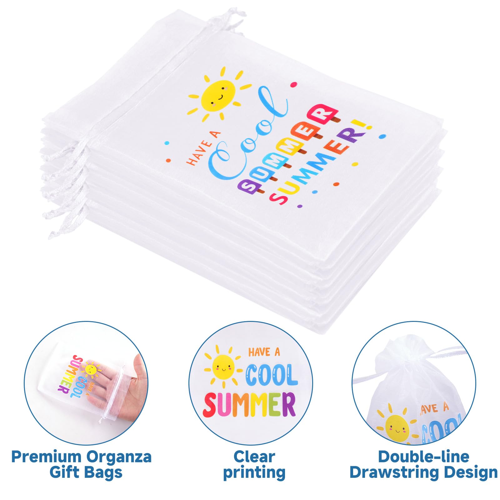 joycraft 30Pcs Summer Organza Bags - 4x6In End of School Year Drastring Gift Bags, 5 Style Have a Bright Summer Party Bags for Vacation, Graduation, Classroom, Office
