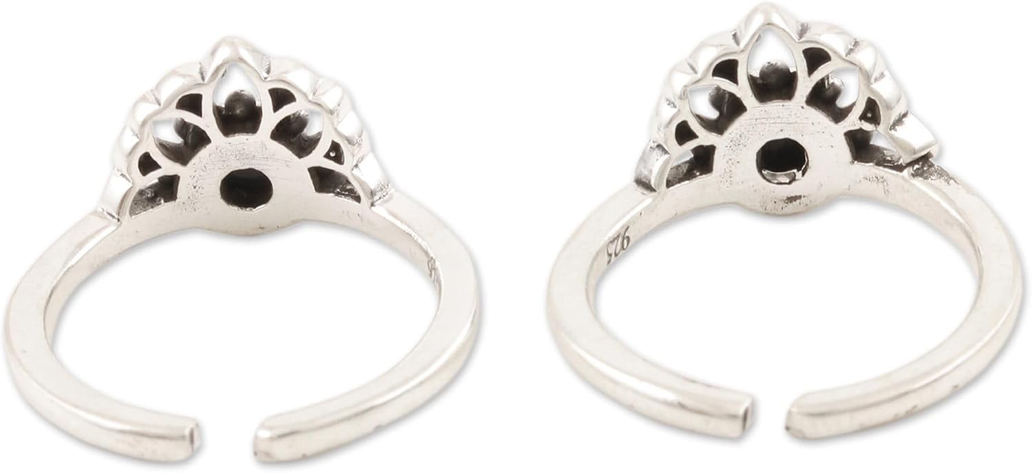 NOVICA Artisan Handmade Onyx Toe Rings Crafted Sterling Silver Pair Pendant India Floral Birthstone [ 0.4 in L x 0.5 in W x 0.2 in H 2 mm W] ' Black Tiara' Pair