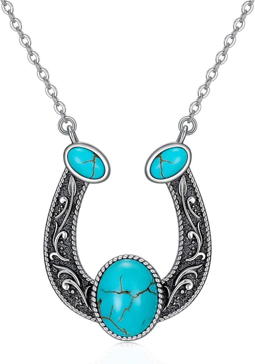 Western Gift Vintage Horseshoe with Natural Turquoise Necklace 925 Sterling Silver Horseshoe Necklace with 18+2 inch Chain for Cowgirl Women (Gift Box)