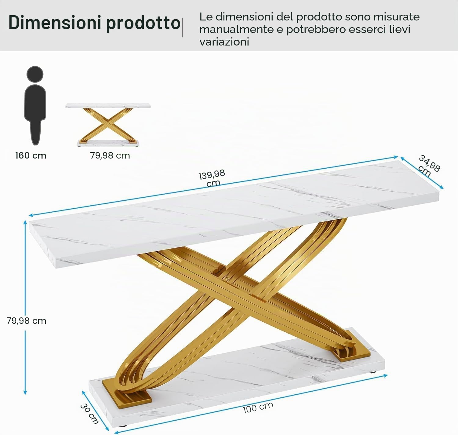Tribesigns Consolle Ingresso,Tavolo Consolle in Marmo Moderno Bianco e Oro,Telaio in Metallo, 140 x 33 x 80 cm Tavolo d'ingresso alto e stretto,per Soggiorno, Corridoio (Bianco)