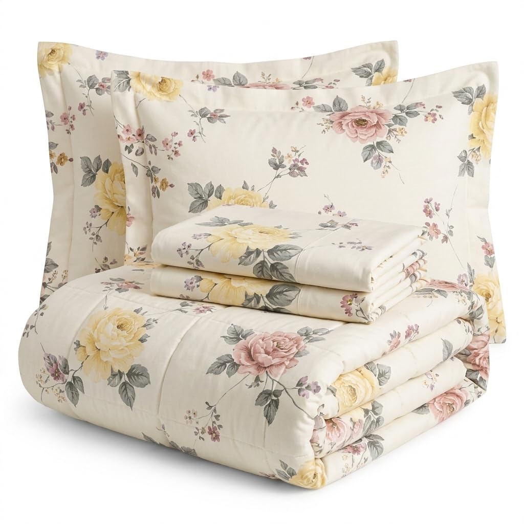 Premium Floral Cotton Double Bed 4 Piece Bedding Set | Comforter with Bedsheet & 2 Pillow Covers | Ultra Soft & Lightweight Quilt for All Seasons | 228x228 cm (Cream Floral)-picture-51