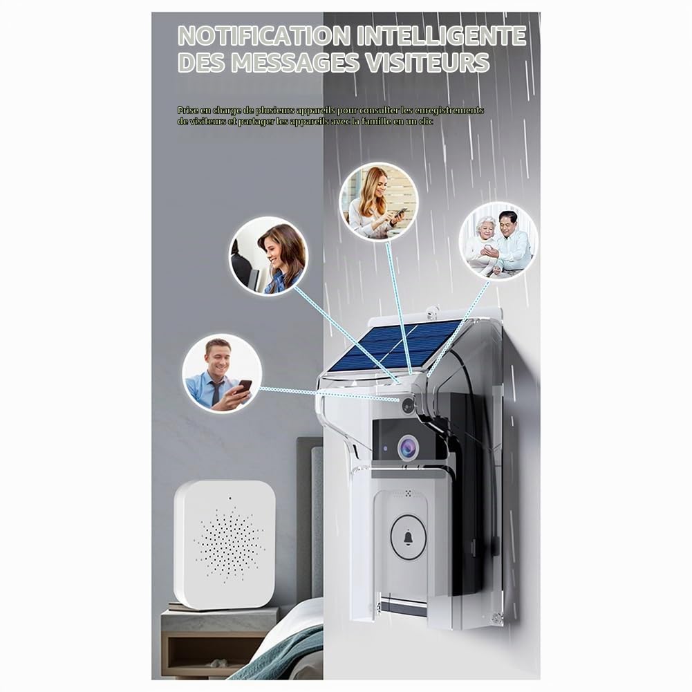 Sonnette WIFIvisual Sans Fil avec Chargement Solaire, Vision Nocturne, Étanche, pour Maison Intelligente, HD, Interphone Bidirectionnel, Voix