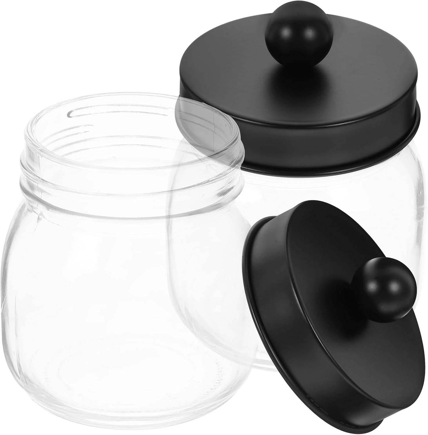 SHOWERORO 2pcs Glass Storage Jars with Black Lids, Cotton Pads Holder and Bathroom Organizer, Dustproof Multi-functional Glass Canisters for Vanity and Cosmetic Storage