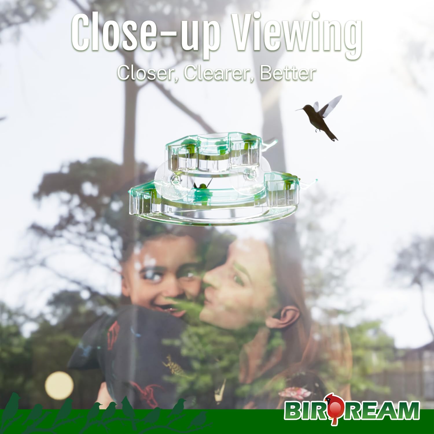 Birdream Comederos de colibríes de ventana para exteriores, con ventosas fuertes y 7 puertos de alimentación, fácil de usar y mantener, regalo para los amantes de los pájaros, comedero de plástico