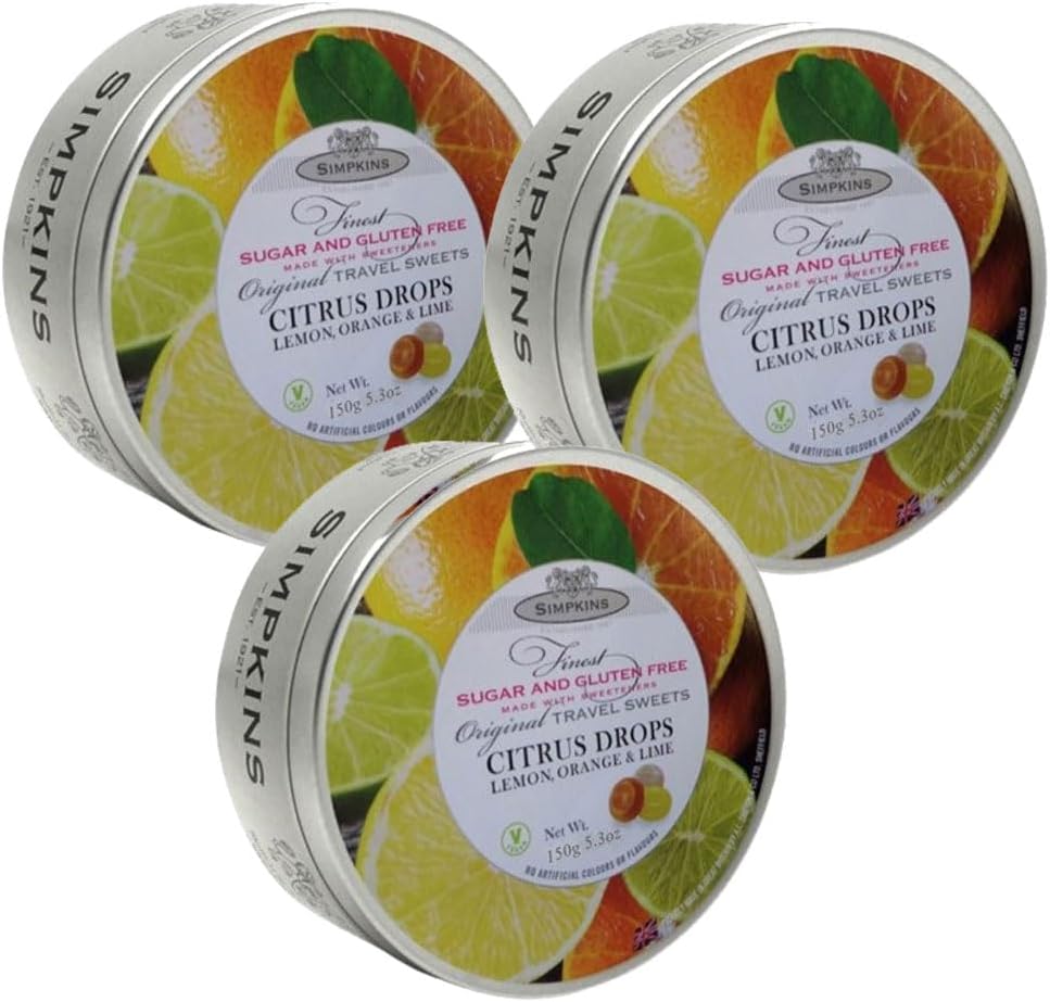 Simpkins Sugar Free Citrus Drops, Lemon Orange & Lime Travel Sweets, 150g Tin PACK OF 3