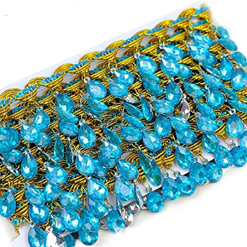 Yalulu 4.5 Yard Hanging Beads Fringe Lace Rhinestone Braided Ribbons Sewing Fringe Tassel Trim Apparel Trims DIY Craft Sewing Accessory (Blue)