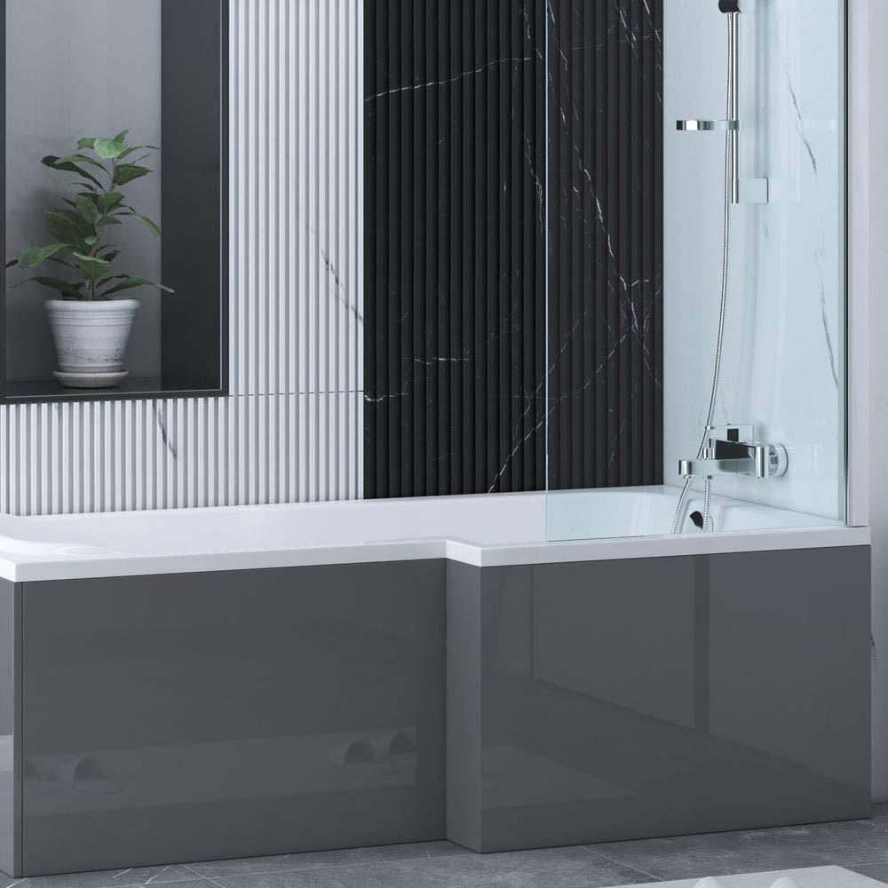 (1700Mm L Shape Front Panel) Aquariss Bathroom Gloss Grey Moisture Resistant Wooden Adjustable Height Bath Panel 5056391910744