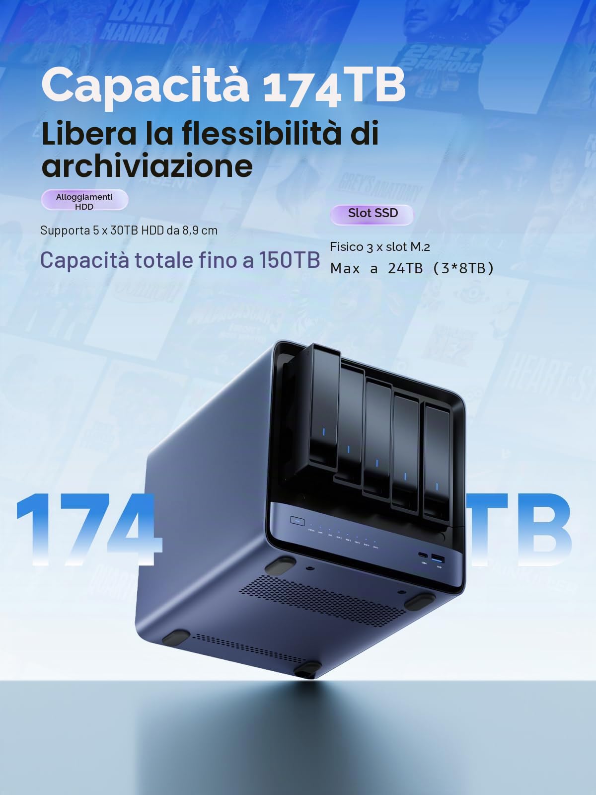 MINISFORUM N5 Air NAS desktop a 5 bay Fino a 174 GB di Spazio di Archiviazione,CPU AMD Ryzen 7 255 (8C/16T),Barebone,Dual DDR5 Slots,1x 10 GbE,1x 5 GbE, 2x USB4 (8K), HDMI 8K, OCuLink, 3x slot M.2