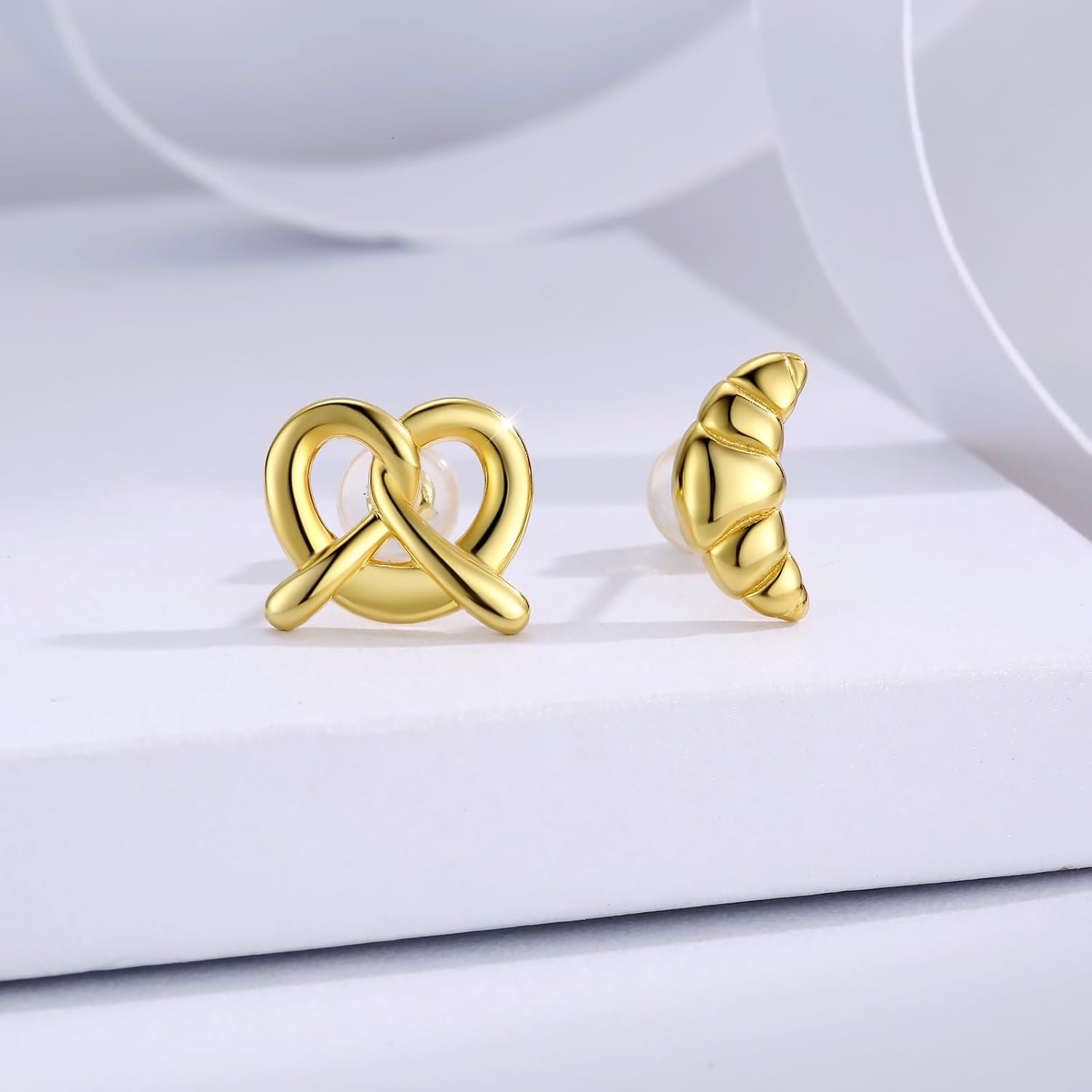 Sterling Silver Bread Earrings - Croissant & Pretzel Design Studs Asymmetrical Food Jewelry Minimalist Gold Plated Baking Gift for Women