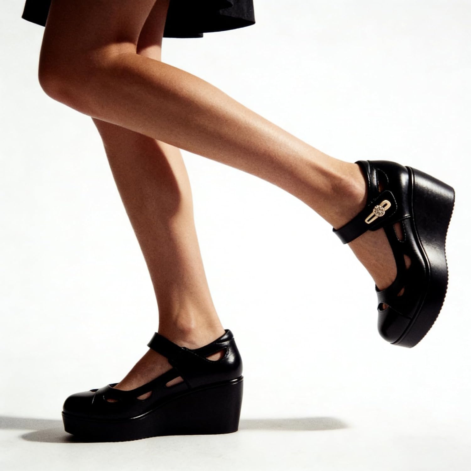 Women's Leather Cutout Wedge Thick Sole Mary Jane Shoes with Adjust Hook&Loop Comfortable Round Toe Non-Slip Chunky Platform Casual Pumps Business Office Work Shoes - Image 7