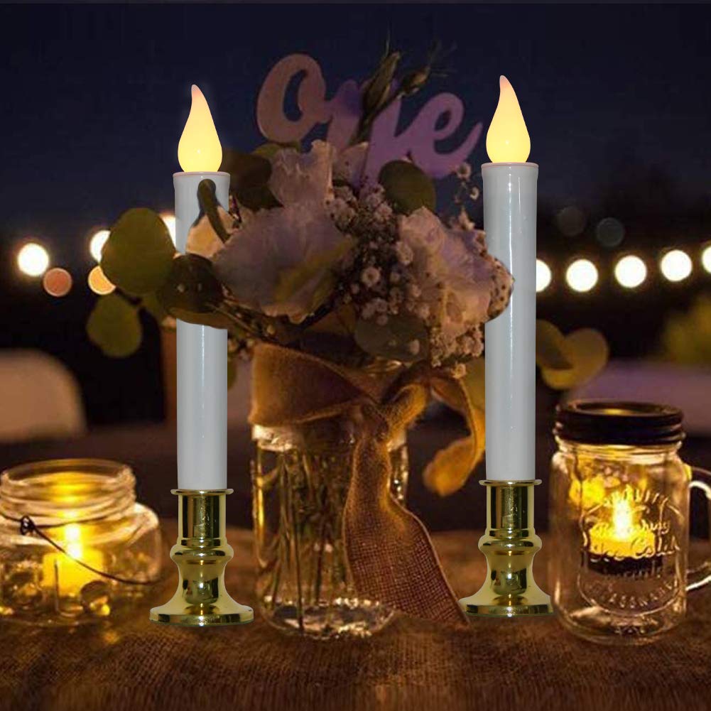 Velas de Navidad para ventana, temporizador automático, luces LED parpadeantes con base dorada (temporizador de 6/18 horas), velas LED de 9 pulgadas que funcionan con pilas para decoración de 8