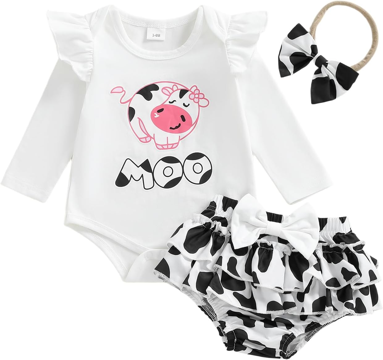 Emmababy Cow Print Baby Outfit Girl Ruffle Romper Long Sleeve Bodysuit Shorts Set Infant Cowgirl Outfit Western Baby Clothes