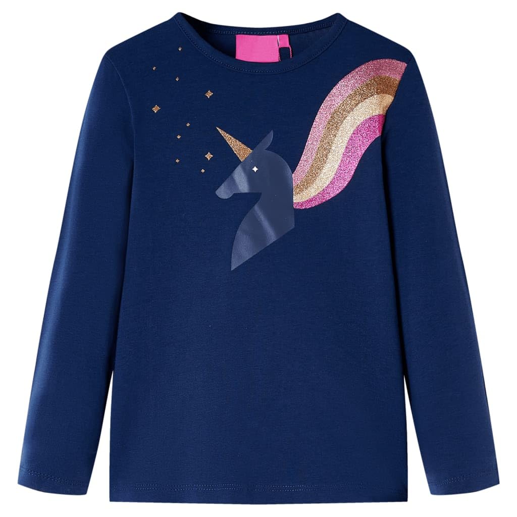 Vidaxl Navy Kids' T-Shirt With Long Sleeves Kids' Tops T Shirt Unicorn Design 104