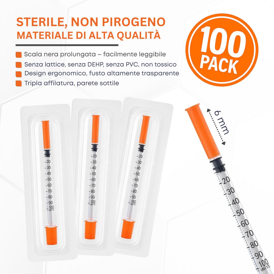 100 tubi da 1 ml U100 in plastica 31G x 1/4" (0,25 x 6 mm) – Confezionati singolarmente – Per laboratorio e tecnica – Strumenti di misurazione e dosaggio multiuso precisi