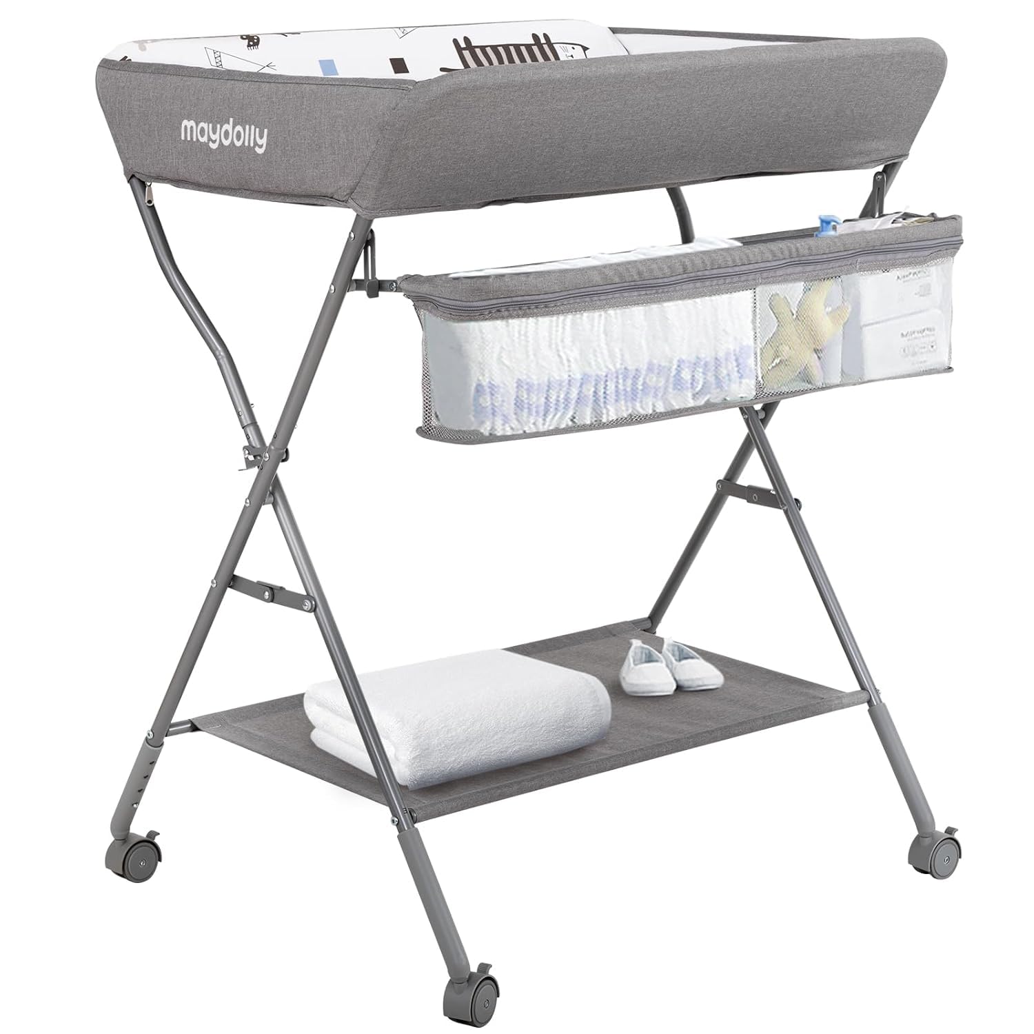 Maydolly Fasciatoio per Bambini，avolo Cambio Pannolini Multifunzionale Portatile,mobile con ruote，Altezza regolabile，Il materiale impermeabile è facile da pulire，grigio chiaro