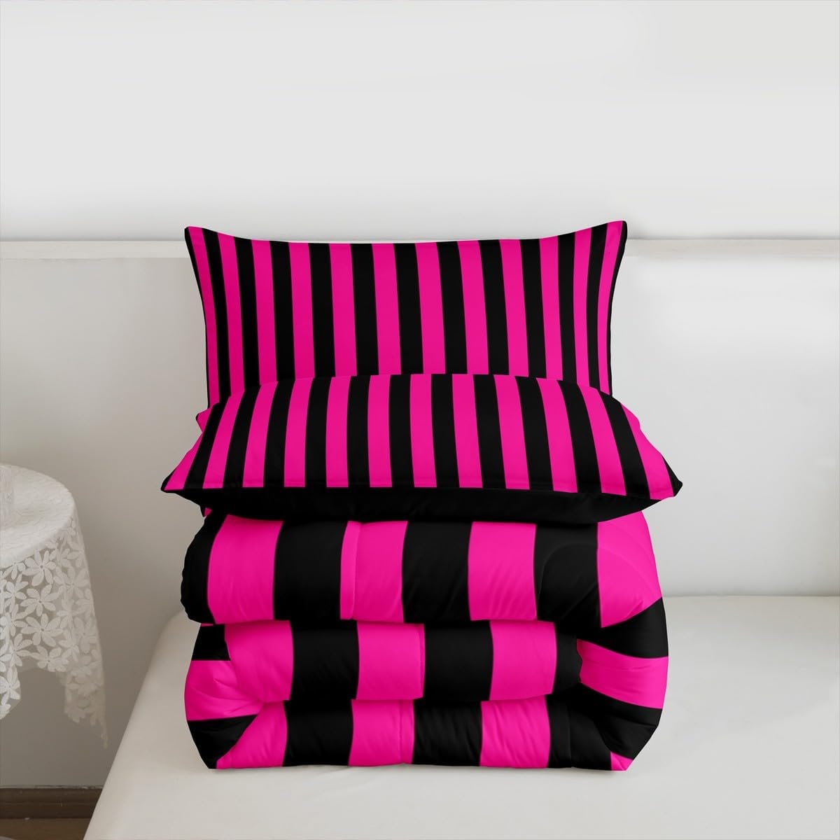 Kids Hot Pink Black Bedding Set Twin Size Abstract Duvet Quilt for Boys Girls Teens Bedroom Decor Stripes Comforter Set Breathable Soft Lightweight Microfiber Women Men Geometric With 1 Pillow Case