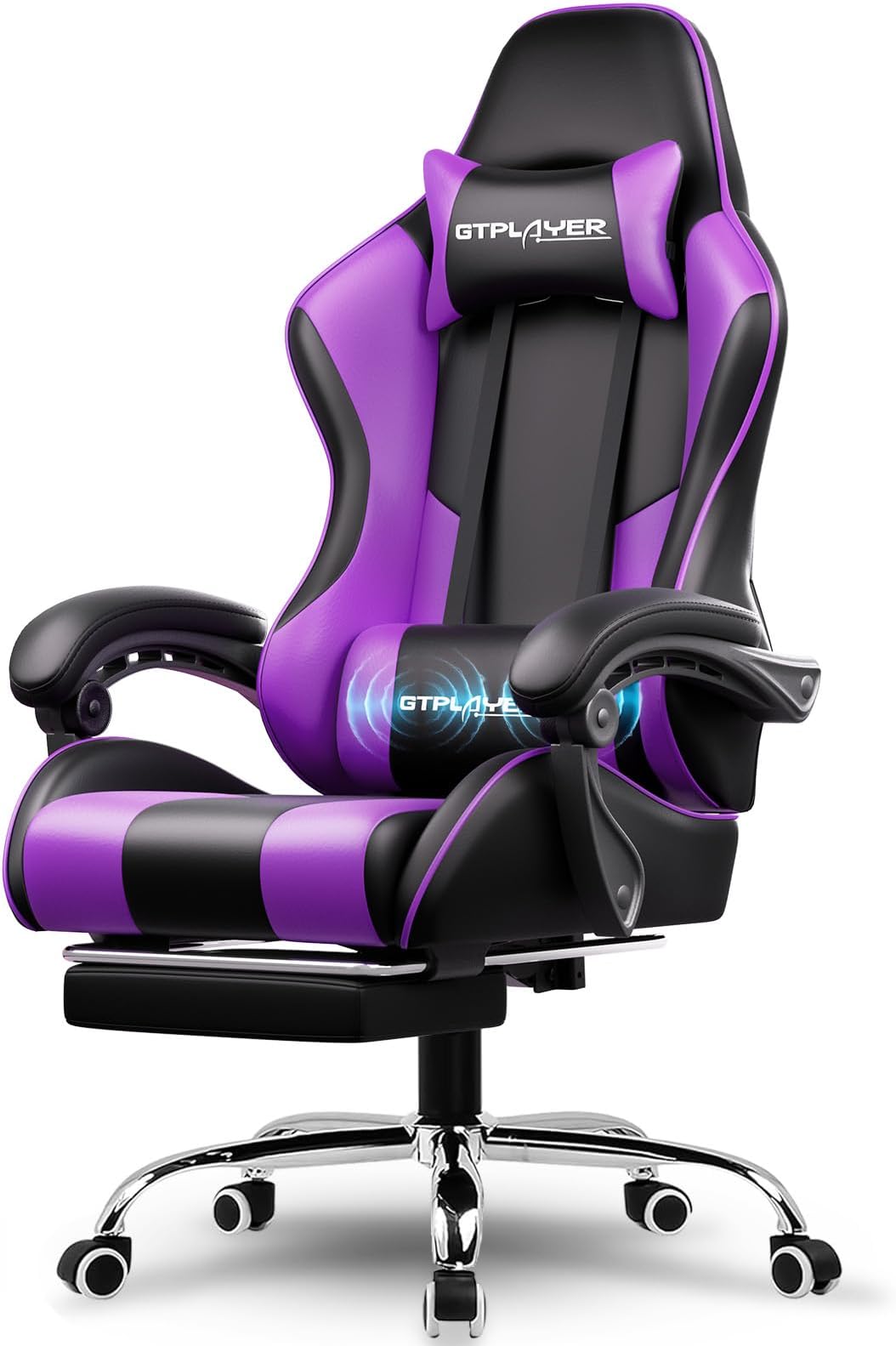 Gaming Chair, Computer Chair with Footrest and Lumbar Support, Height Adjustable Game Chair with 360°-Swivel Seat and Headrest and for Office or Gaming (Faux Leather, Purple)