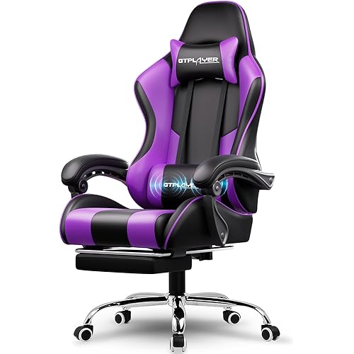 GTPLAYER Gaming Chair, Computer Chair with Footrest and Lumbar Support, Height Adjustable Game Chair with 360°-Swivel Seat and Headrest and for Office or Gaming (Faux Leather, Purple)