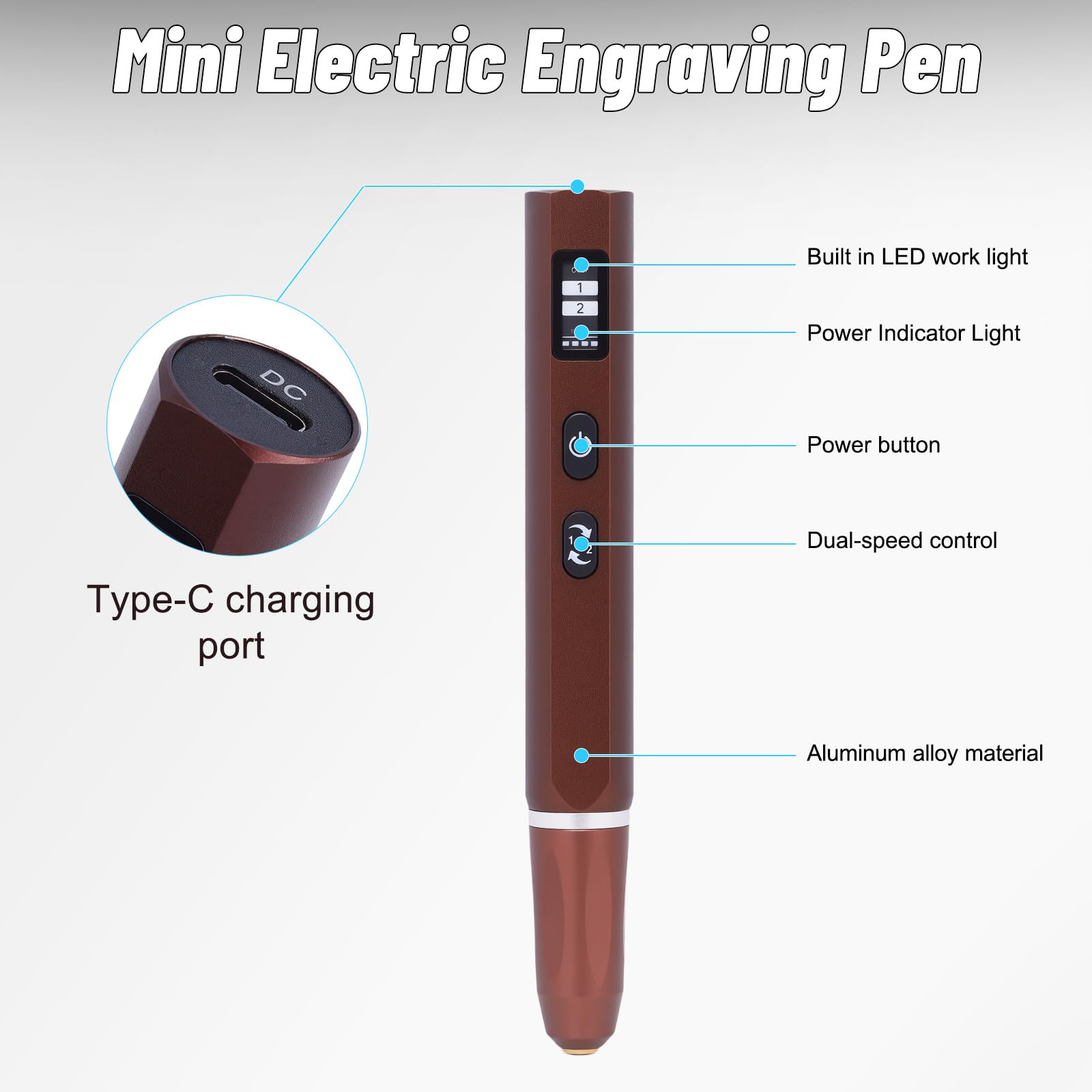 Mini-Gravierstift, Gravur Gerät, Gravur Stift, Kabelloser Mini Bohrer mit 42-teiligem Zubehör, Aluminiumgehäuse, LED-Display, Mini Schleifer für Schmuck, Metall, Glas & Kunststoff