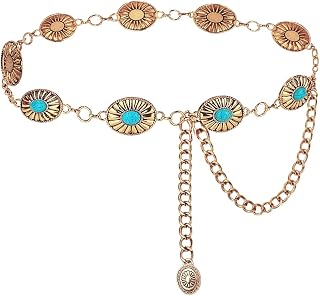 Western Metal Concho Chain Belts for Women Turquoise Flower Cowgirl Belt for Dresses Jeans