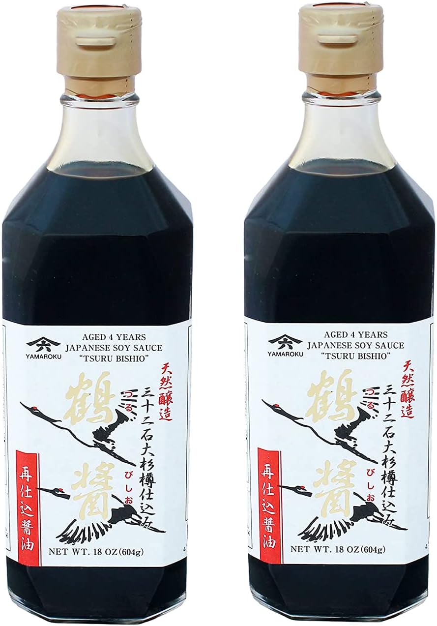 Yamaroku Premium Soy Sauce Japanese Made, Traditional Fermented Soy Sauce, 4 Year Barrel Aged Shoyu, Tsuru Bishio, Glass Bottle, 18 oz, 2 Pack.