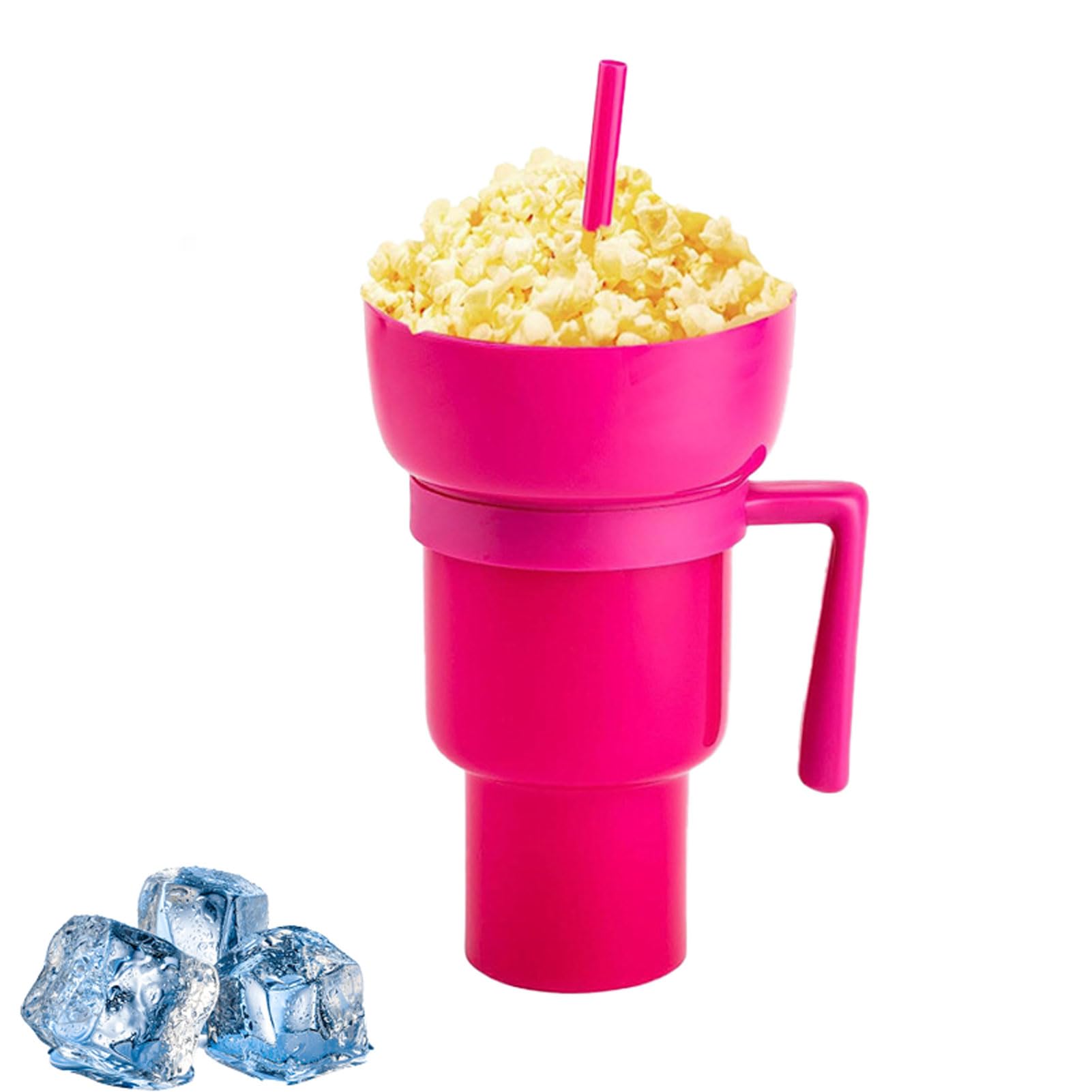 EBbels Snack Tumbler Bowl, 2 In 1 Snack and Drink Cup with Straw, Reusable Stadium Tumbler for Popcorns and Drinks, Leakproof Snack Tumbler for Adults Kids (Pink)
