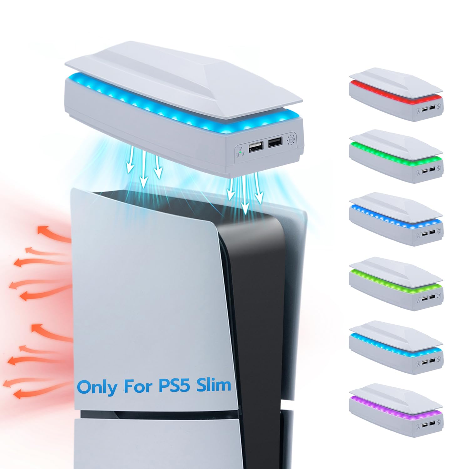 Mcbazel PS5 Slim Cooling Fan with RGB Lights, PS5 Slim Console Cooler Fan with 3 Levels Cooling Fan & USB 2.0 Interface, Only Compatible with PS5 Slim- White(Not for PS5/PS5 Pro)