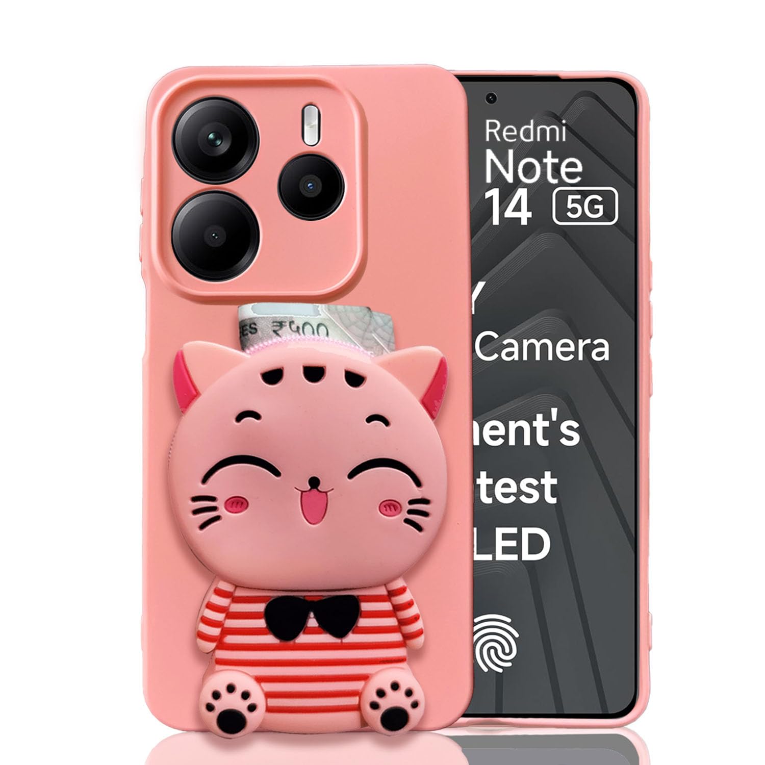 KC Back Cover for Redmi Note 14 5G Kitten Cat Stripes Purse Case with Camera Protection (Pink)