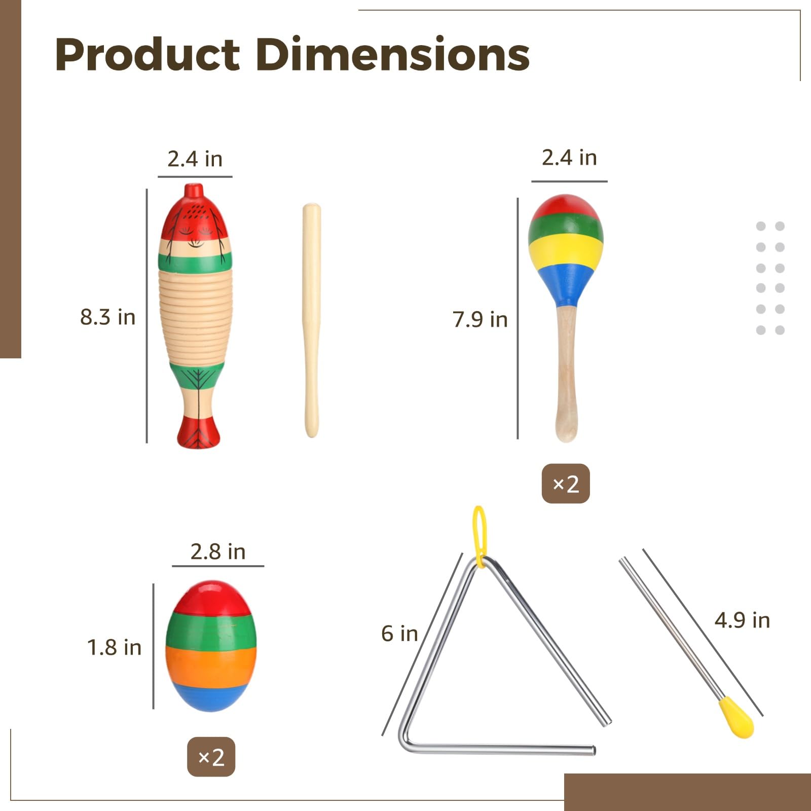Juego de 7 instrumentos de percusión de madera y acero, con 2 guiros y mazas, 2 maracas, 2 cocteleras de huevo y 1 triángulo con mazo, instrumentos de ritmo para adultos y principiantes
