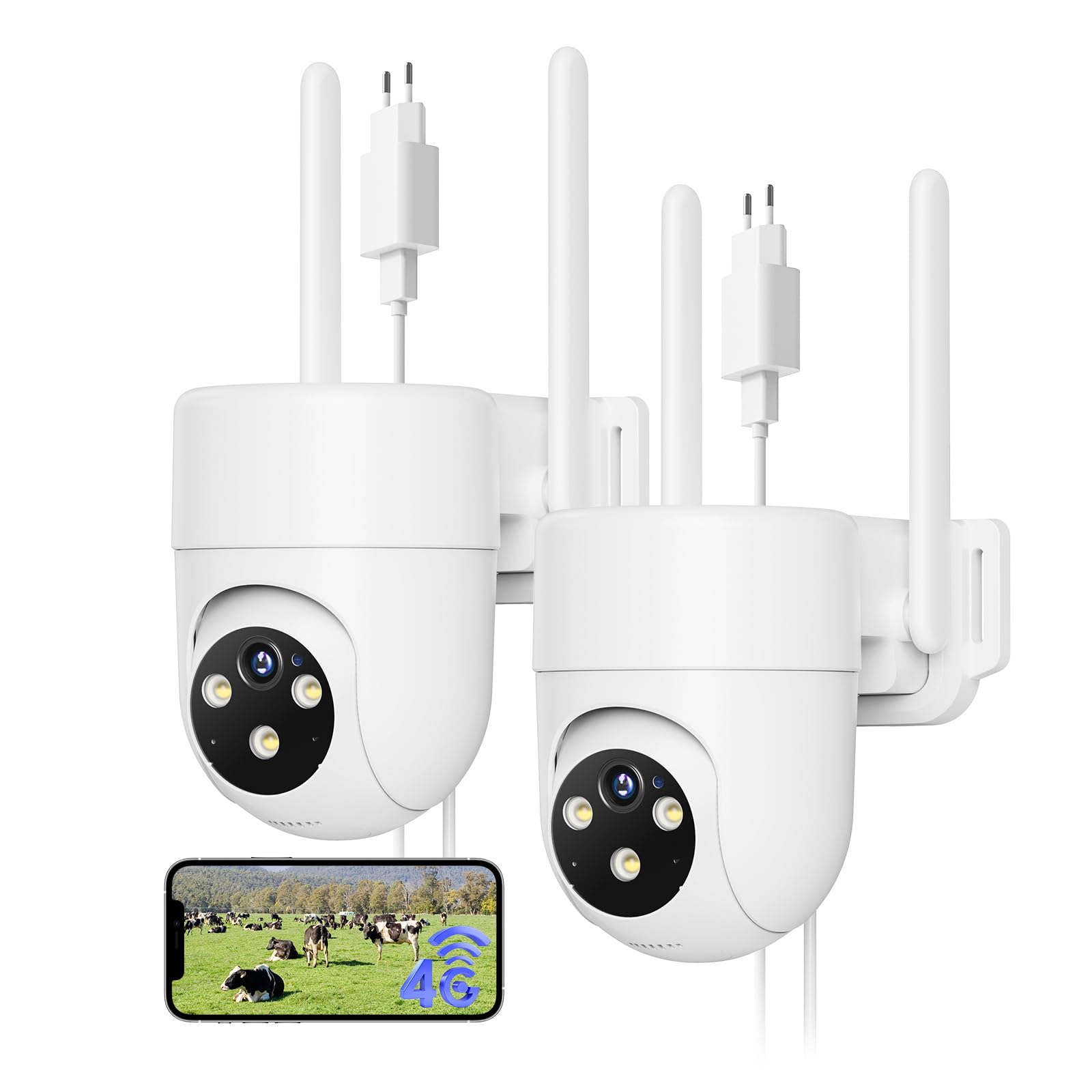 4G LTE Telecamera con Sim Esterno 2K | 【2 Pezzi】 Videocamera Sorveglianza PTZ 360°, con AI Rilevamento Umano e Visione Notturna a Colori, Audio Bidirezionale