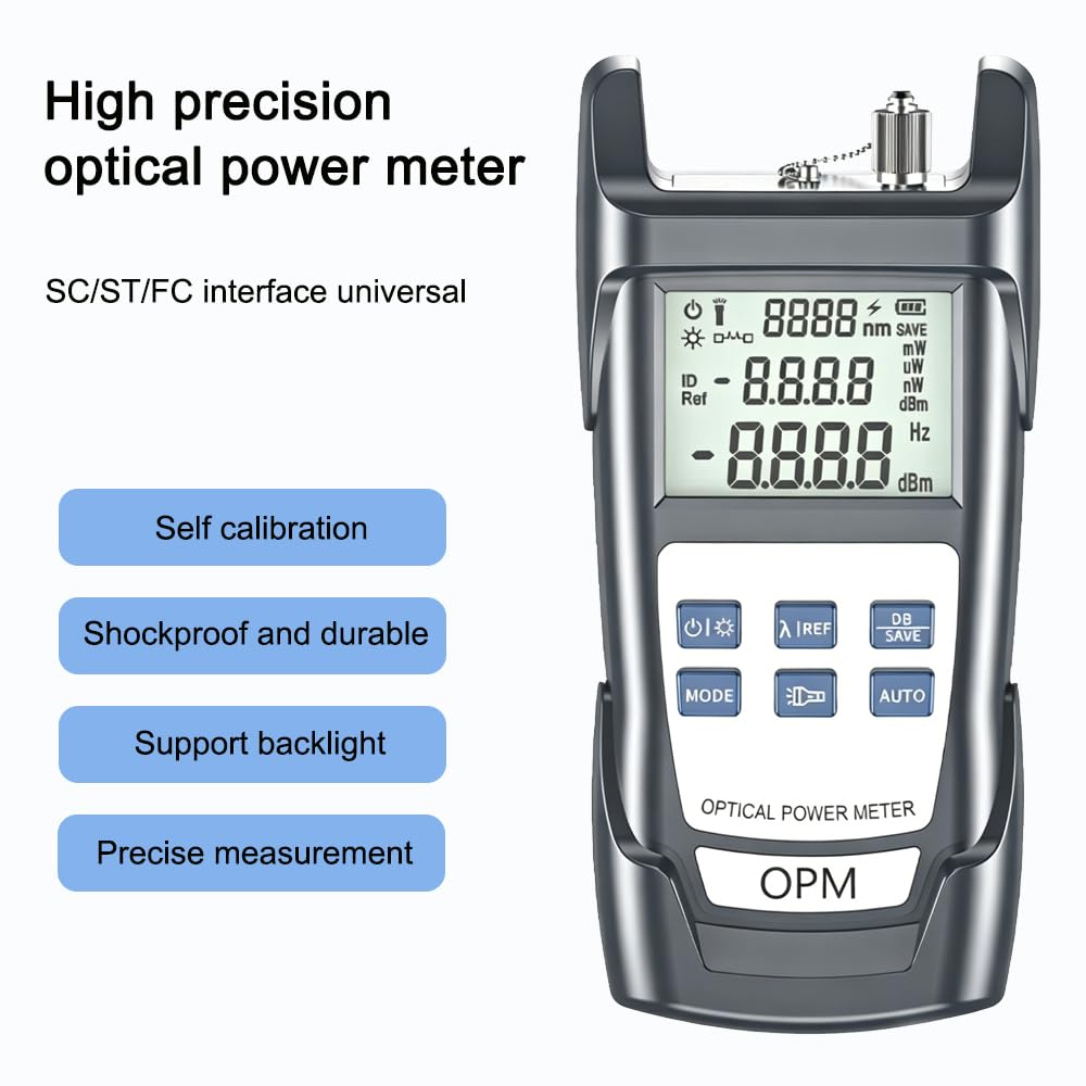 Testeur Câble Optique Portable, Photomètre Fibre Optique FTTH pour FC/SC/ST Interface universelle, 10 Longueurs d'onde testées, -70 dBm à +10 dBm