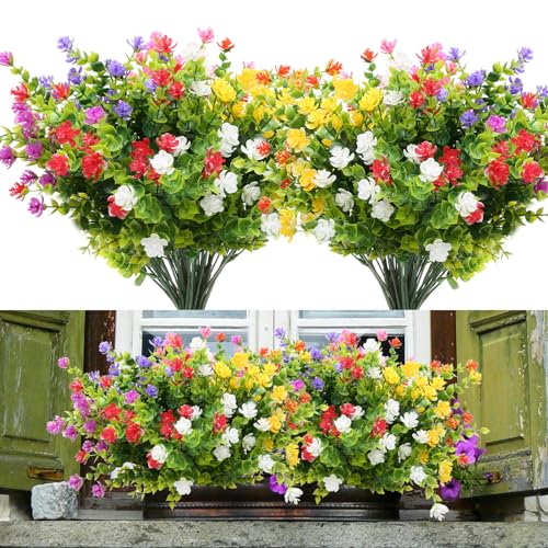 Yoicn Lth Lot de 14 Fleurs Artificielles Extérieur Résistantes aux UV, Fausses Fleurs en Plastique, 7 Couleurs pour Intérieur/Extérieur, Maison, Jardin et...