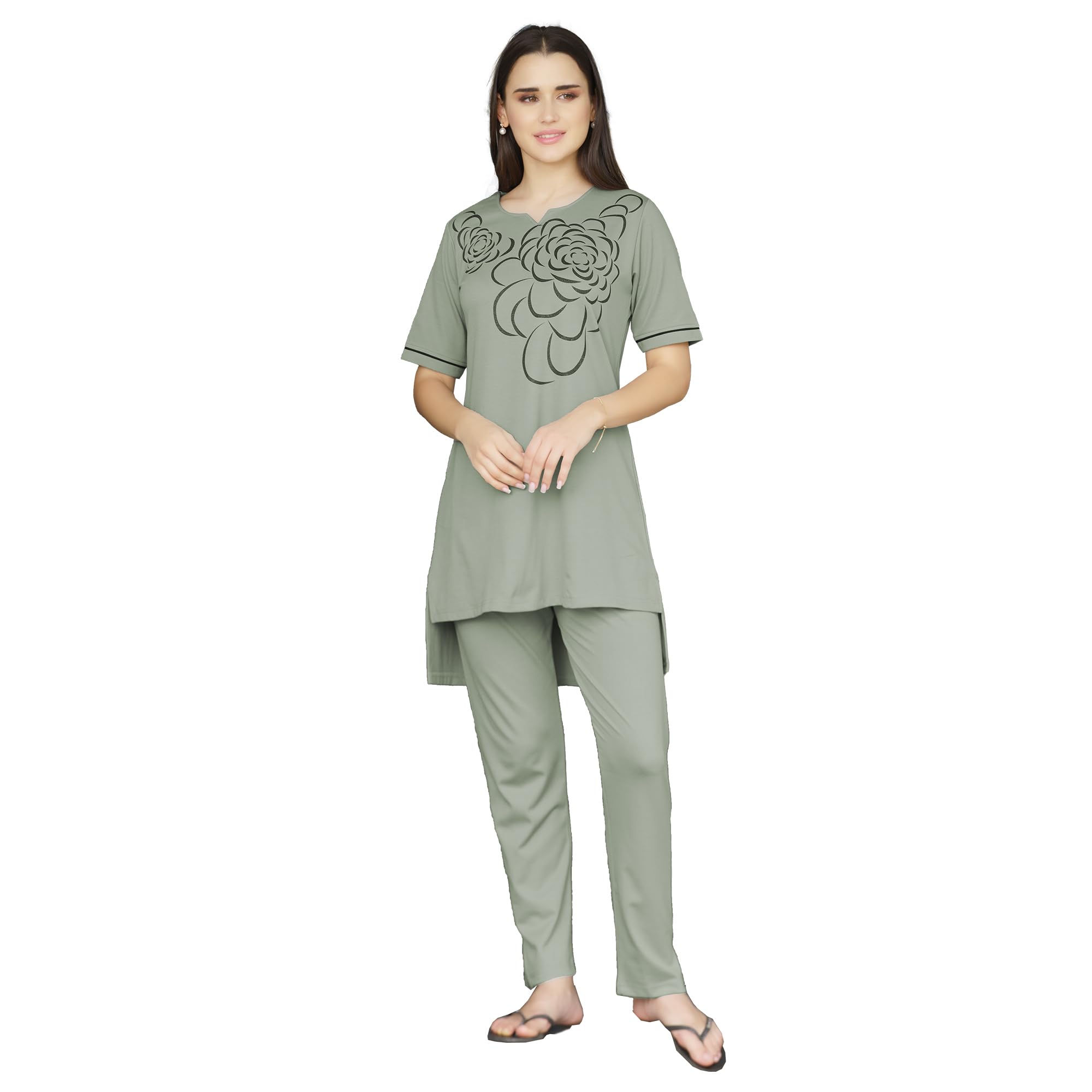 trylo Riza Imported Jacquard Fabric Notched Round Neck Short Sleeves Relaxed Fit Top and Pyjama Night Suit Set/VNS-1116-picture-6