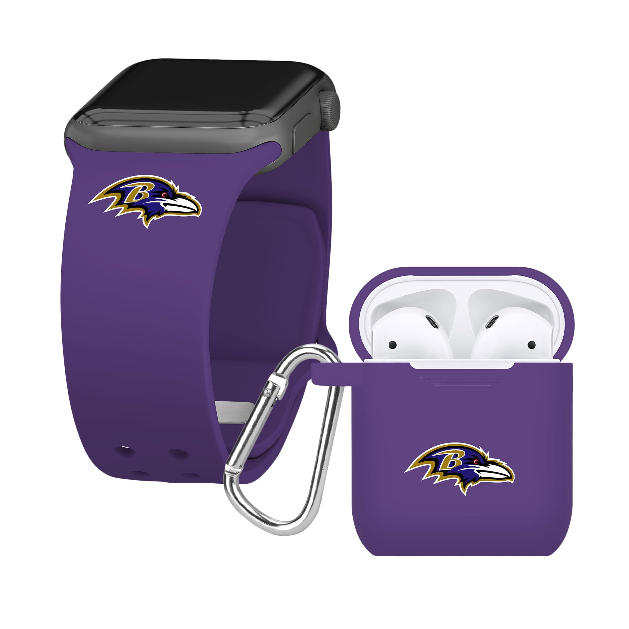 Game Time Baltimore Ravens Silicone Watch Band and Case Cover Combo Package Compatible with Apple Watch and AirPods Gen 1 & 2 (42/44/45mm Purple/Purple)