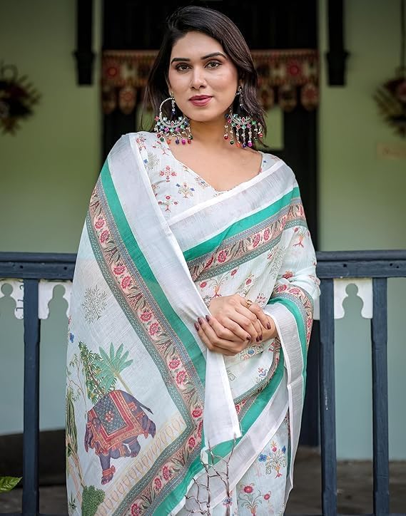 Women’s Cotton Linen Printed Saree with Unstitched Blouse Piece – Traditional Indian Ethnic Wear for Party, Casual & Festive Wear, Blue, Saree: 5.5 Meter | Blouse: 0.80Mtr