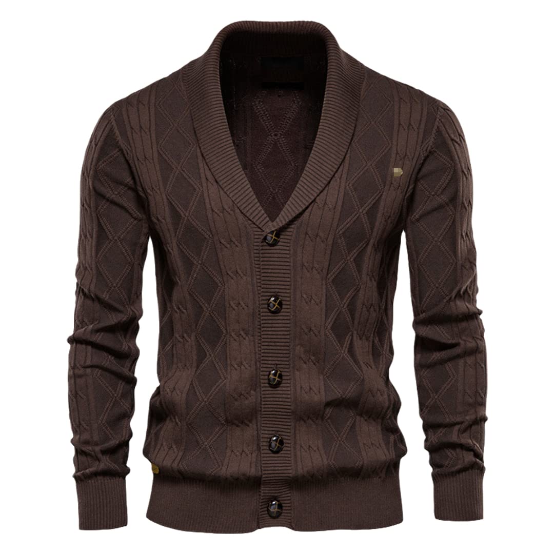 Vogrtcc Suéter de punto de algodón de manga larga con cuello en V para hombre, suéter engrosado, chaqueta de punto de moda, abrigo de un solo pecho, Café Nax168, L