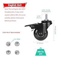 Vista 2 de Hirate Ruedas de 2 pulgadas con vástago roscado de 5/16 pulgadas (2 ruedas con bloqueo de freno), paquete de 4 ruedas giratorias con tuercas