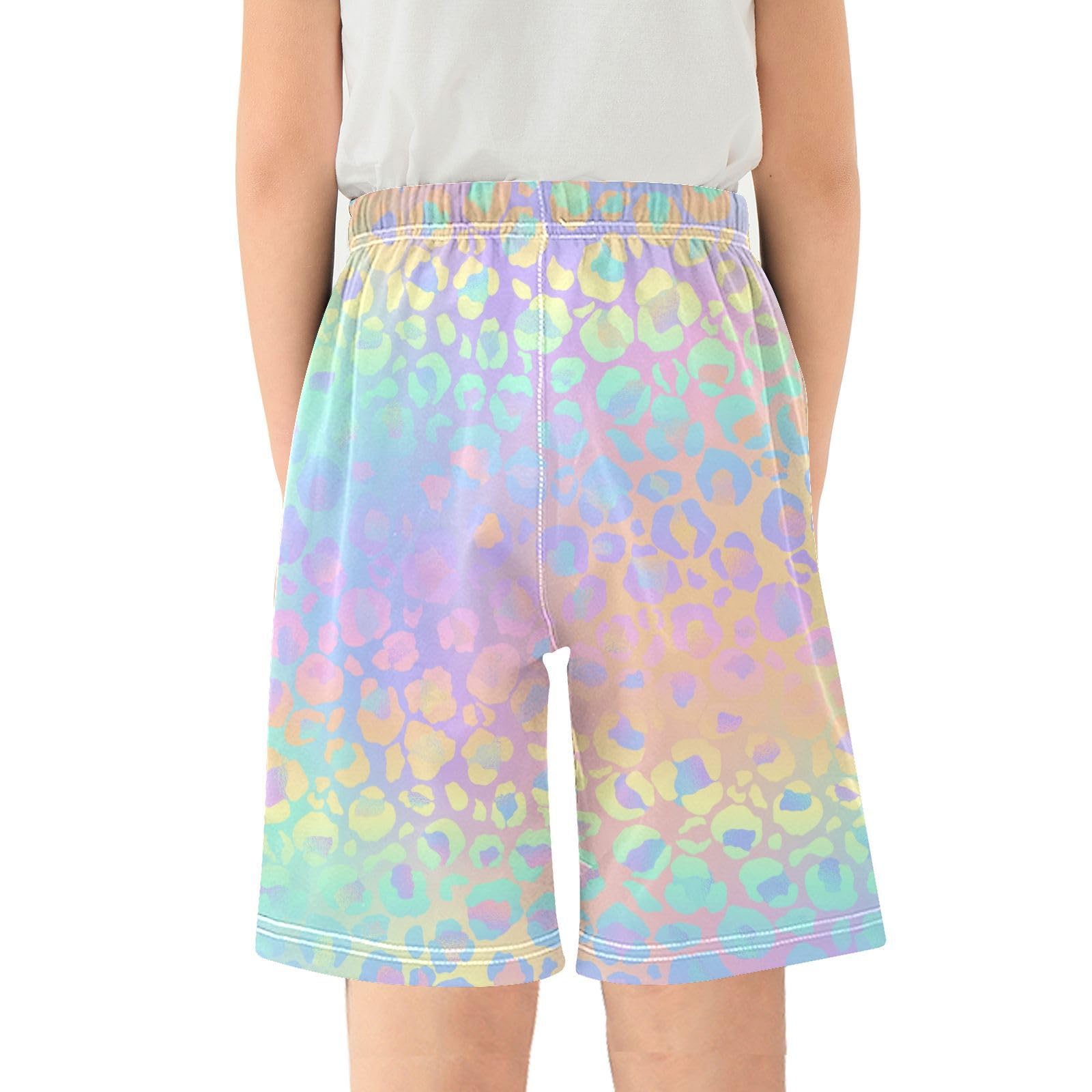Leopard Print Cheetah Rainbow Gradient Youth Athletic Shorts for Boys and Girls Size 11-12 Years