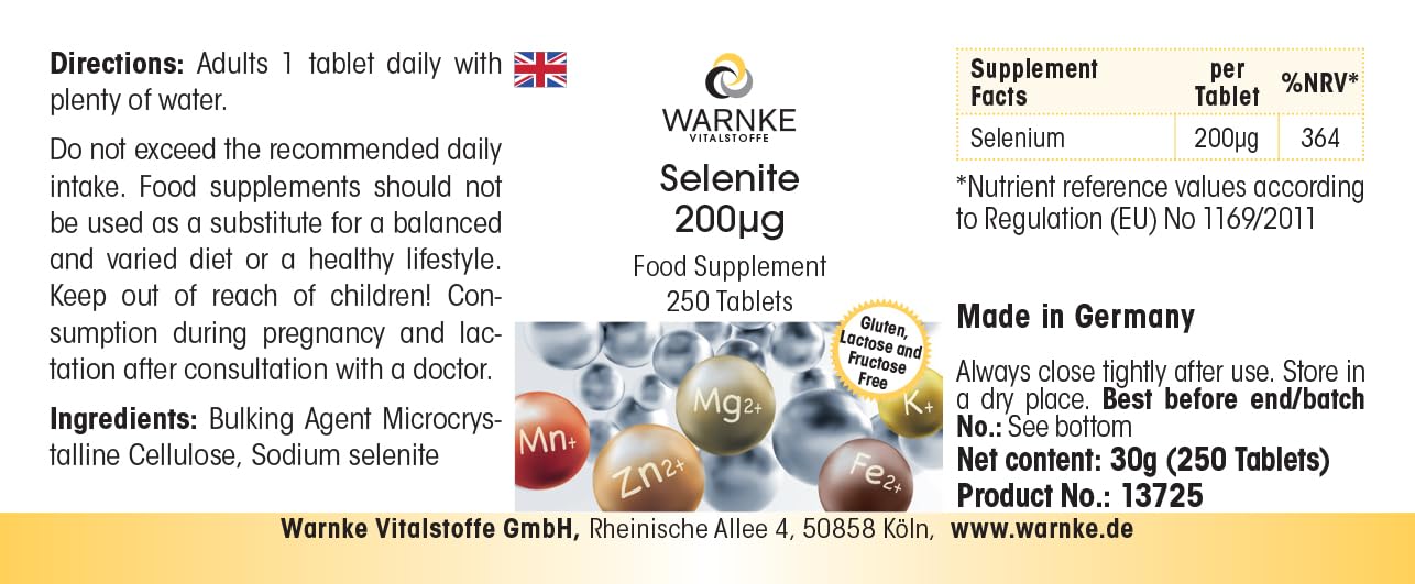 Selenite 200μg - 250 compresse - 200μg di selenio per compressa - Selenito di sodio - ALTO DOSAGGIO - Qualità farmaceutica tedesca - Vegano | Warnke Vitalstoffe