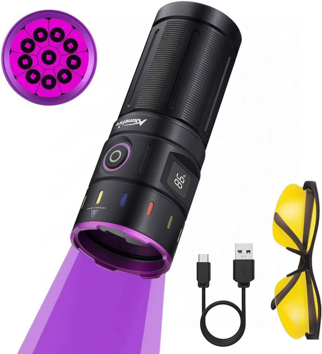 ALONEFIRE SV140 365nm UV Flashlight Strong 60W USB Rechargeable Digital Display Black Light for Pet Urine Detection, Resin Curing, Scorpion, Fishing, Minerals with UV Protective Glasses, 4PCS Battery