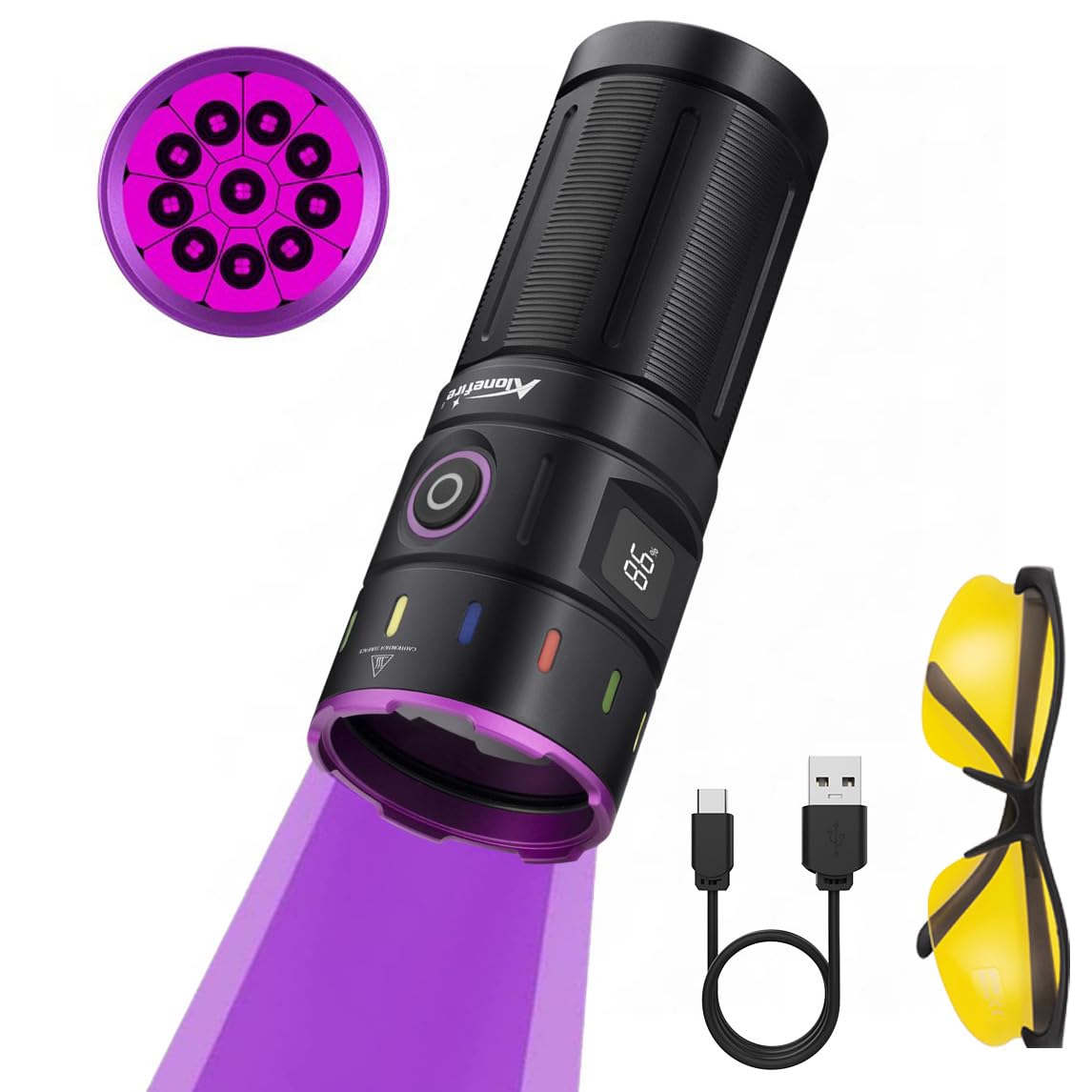 Alonefire SV140 Linterna UV 60W 365nm Profesional Recargable USB C Potente Pantalla Digital Luz Negra para Resina, Pesca, Escorpión, Minerales, Pegamento, Ámbar con Gafas Protectoras UV, Batería