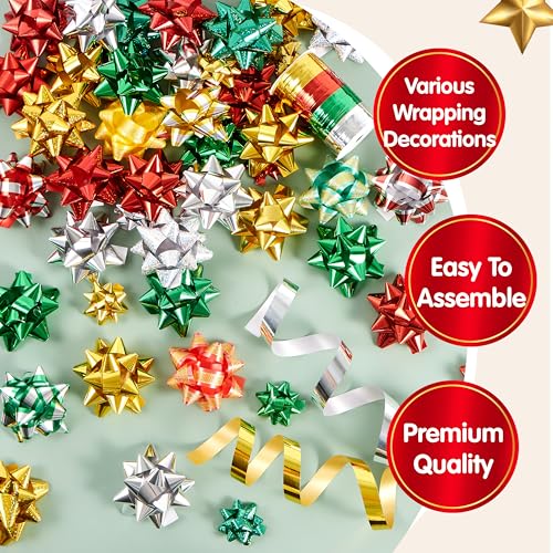 JOYIN 50 PCS Present Bows and Gift Ribbons with 48 Multi-Colored Assorted Size Self Adhesive Gift Bows and 2 Rolls of Curling Ribbons for Gift, Present Wrapping Decoration by JOYIN - Used condition - Image 3