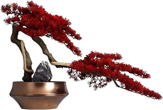 Artificial Tree Bonsai Creative Red Leaf Tree Bonsai Golden Flowerpot Stone Landscaping Living Room Office Study Decoration Fake Plants House Plant