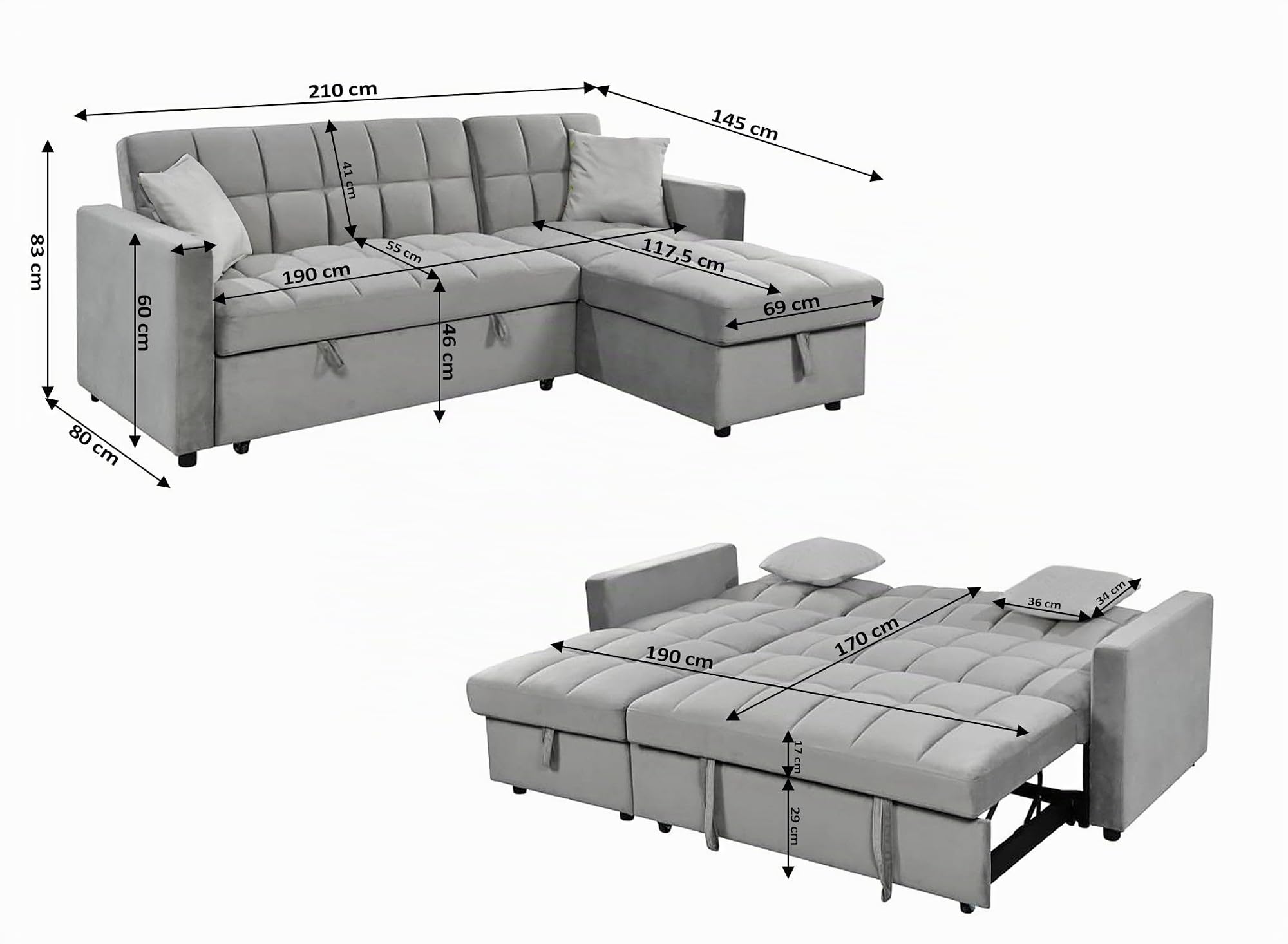 S & S Saldos y Stocks Sofa Cama Chaise Longue Kris 210cm Gris