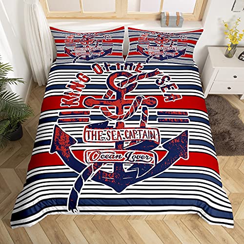 Parure housse de couette King en lin et microfibre texturée au motif ancre