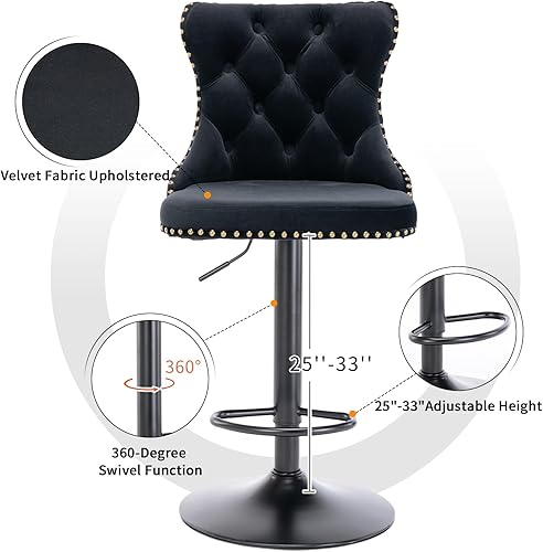 Miniatura 5 de Juego de 2 taburetes de bar giratorios de altura de mostrador, taburetes de bar negros para isla de cocina, sillas de terciopelo ajustable con